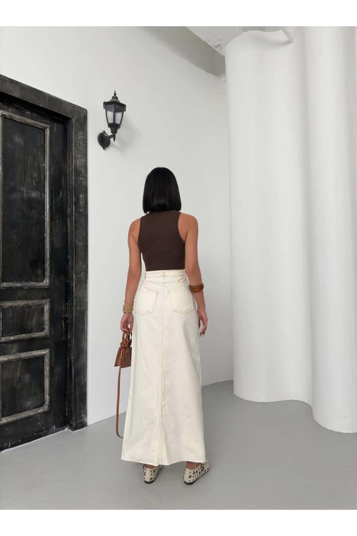 1434 Polo State  Kadın Ekru Yüksek Bel Önü Düğmeli Yırtmaçlı Jean Etek - Görsel 7