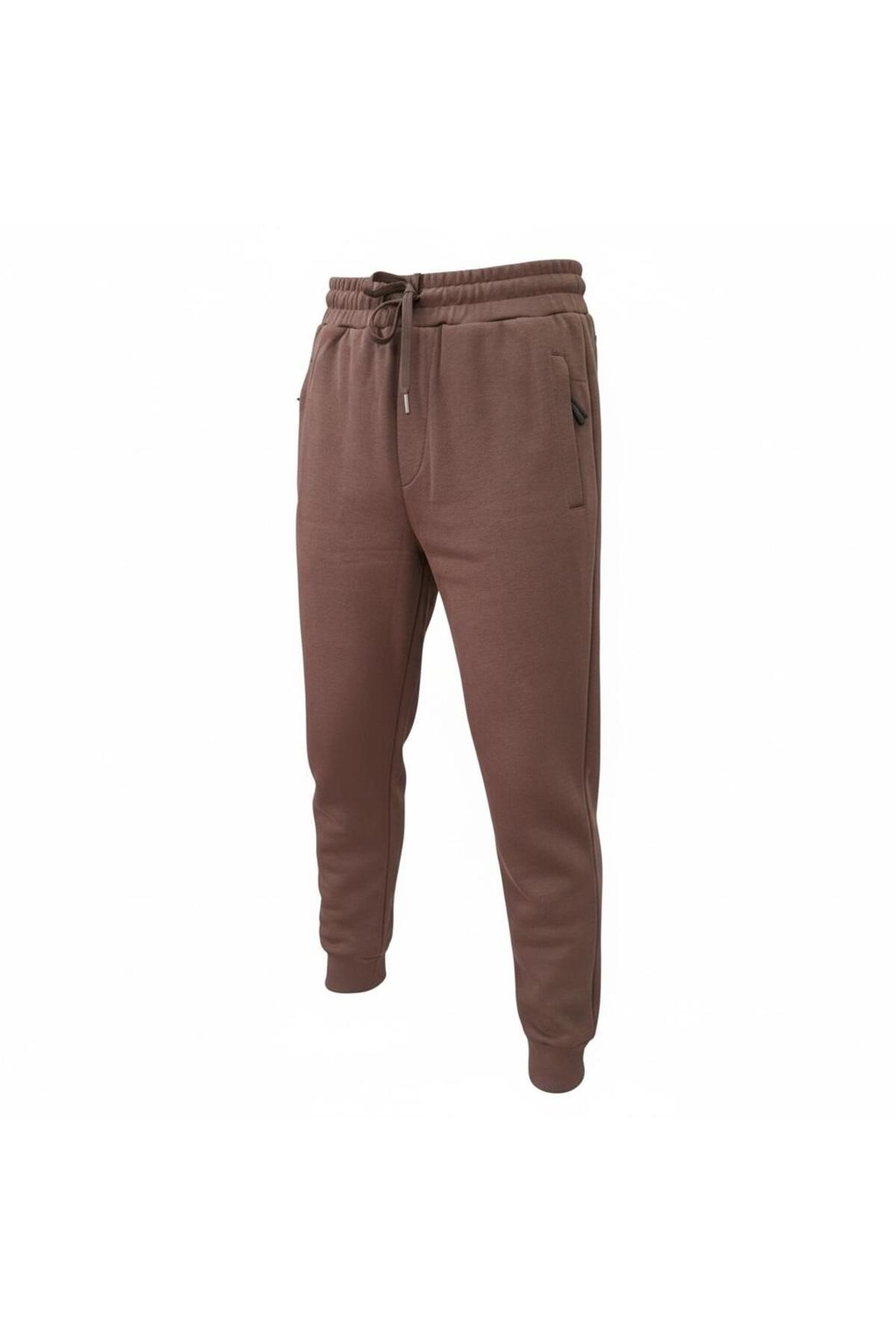 Erkek Eşofman Takımı Slim Fit Dokulu Kumaş Fermuarlı Üst Lastikli Paça Modern Spor Takım — قهوه‌ای TR-198872618 — تصویر 5 از 7