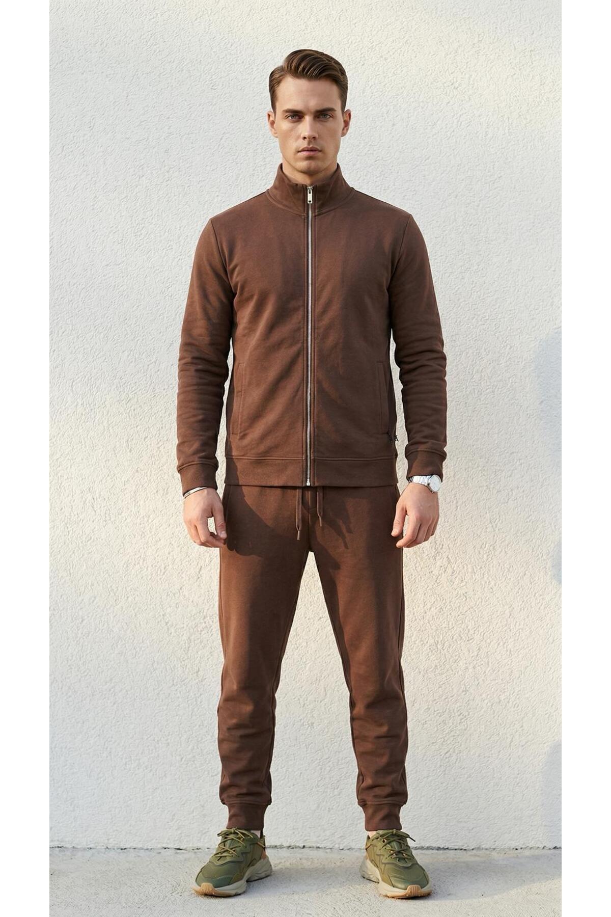 Erkek Eşofman Takımı Slim Fit Dokulu Kumaş Fermuarlı Üst Lastikli Paça Modern Spor Takım — قهوه‌ای TR-198872618 — تصویر 3 از 7