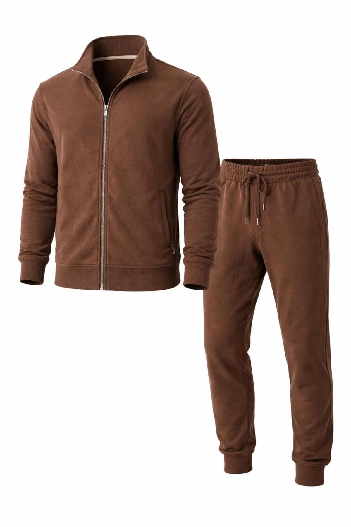 Erkek Eşofman Takımı Slim Fit Dokulu Kumaş Fermuarlı Üst Lastikli Paça Modern Spor Takım — قهوه‌ای TR-198872618 — تصویر 6 از 7