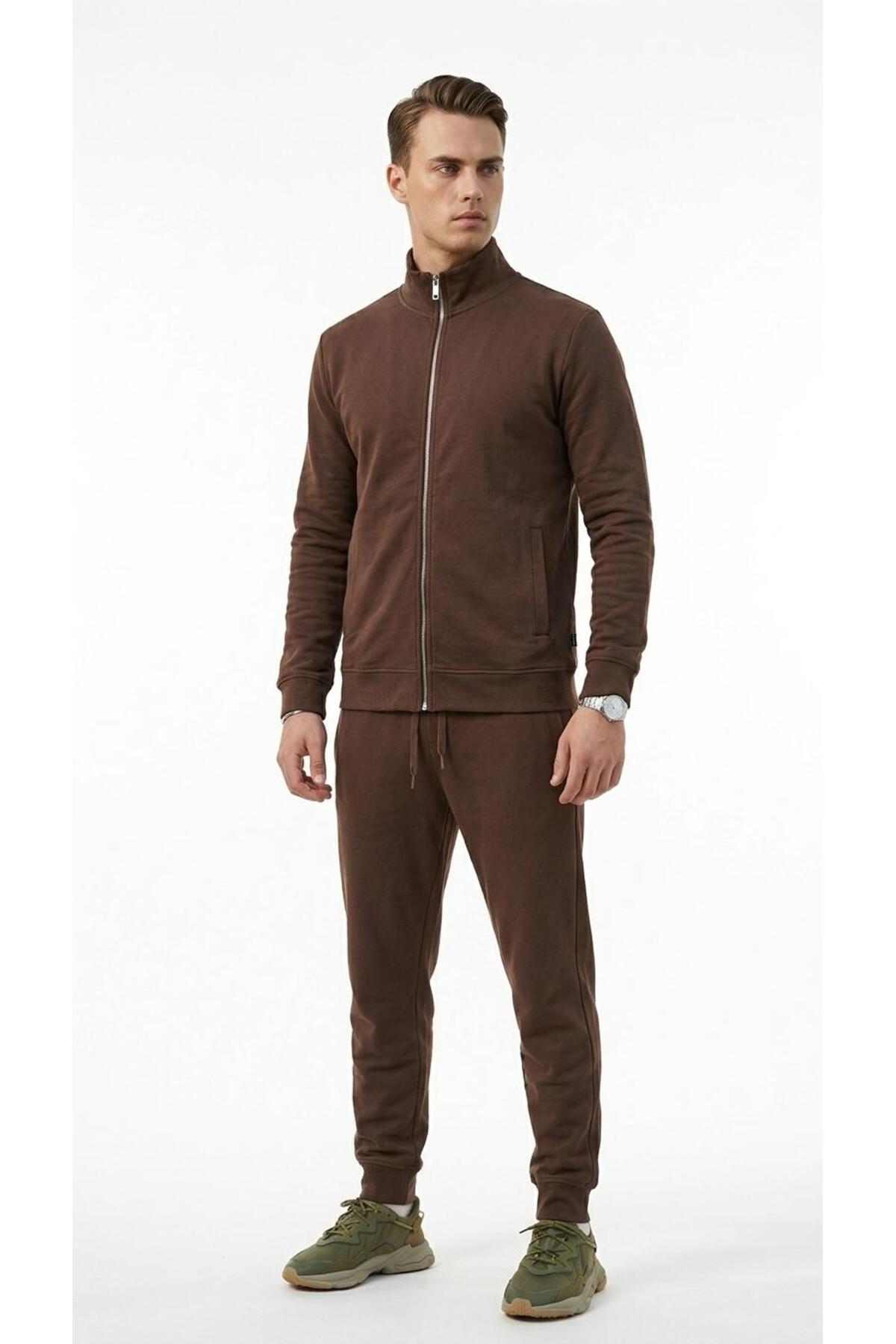 Erkek Eşofman Takımı Slim Fit Dokulu Kumaş Fermuarlı Üst Lastikli Paça Modern Spor Takım — قهوه‌ای TR-198872618