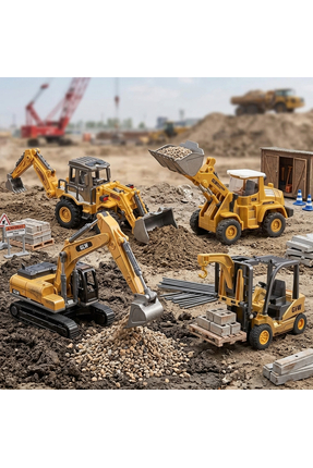 MJ TOYS Diecast Oyuncak Metal İnşaat Araçları,İş Makineleri Seti Kepçe Bulldo...