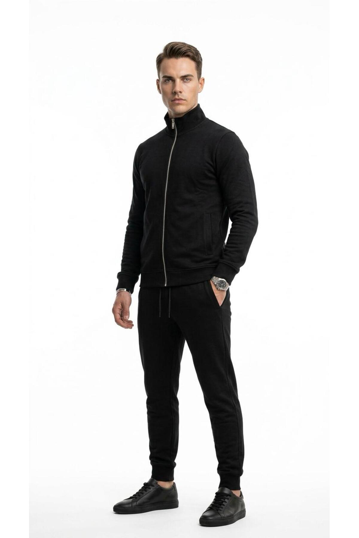 Erkek Eşofman Takımı Slim Fit Dokulu Kumaş Fermuarlı Üst Lastikli Paça Modern Spor Takım — مشکی TR-198872618 — تصویر 3 از 7