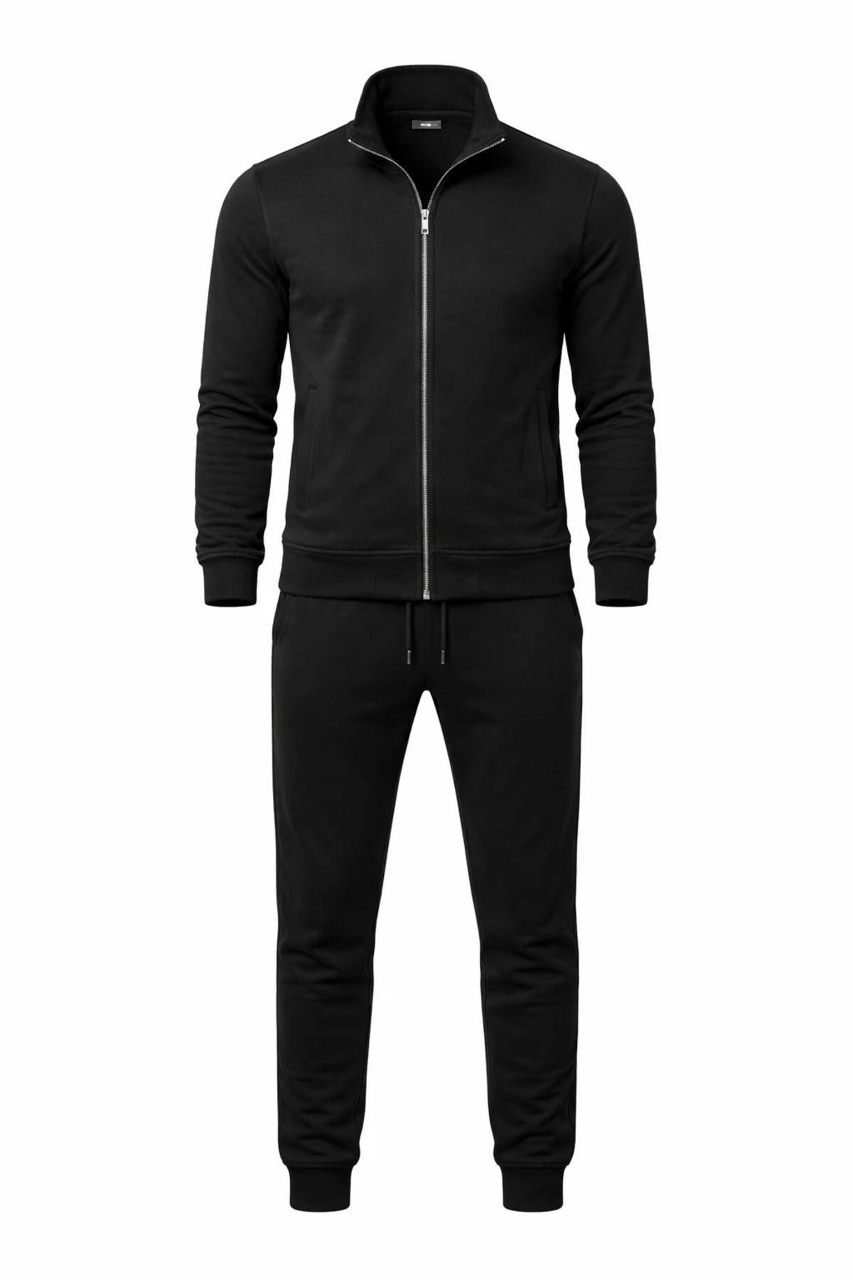 Erkek Eşofman Takımı Slim Fit Dokulu Kumaş Fermuarlı Üst Lastikli Paça Modern Spor Takım — مشکی TR-198872618 — تصویر 5 از 7