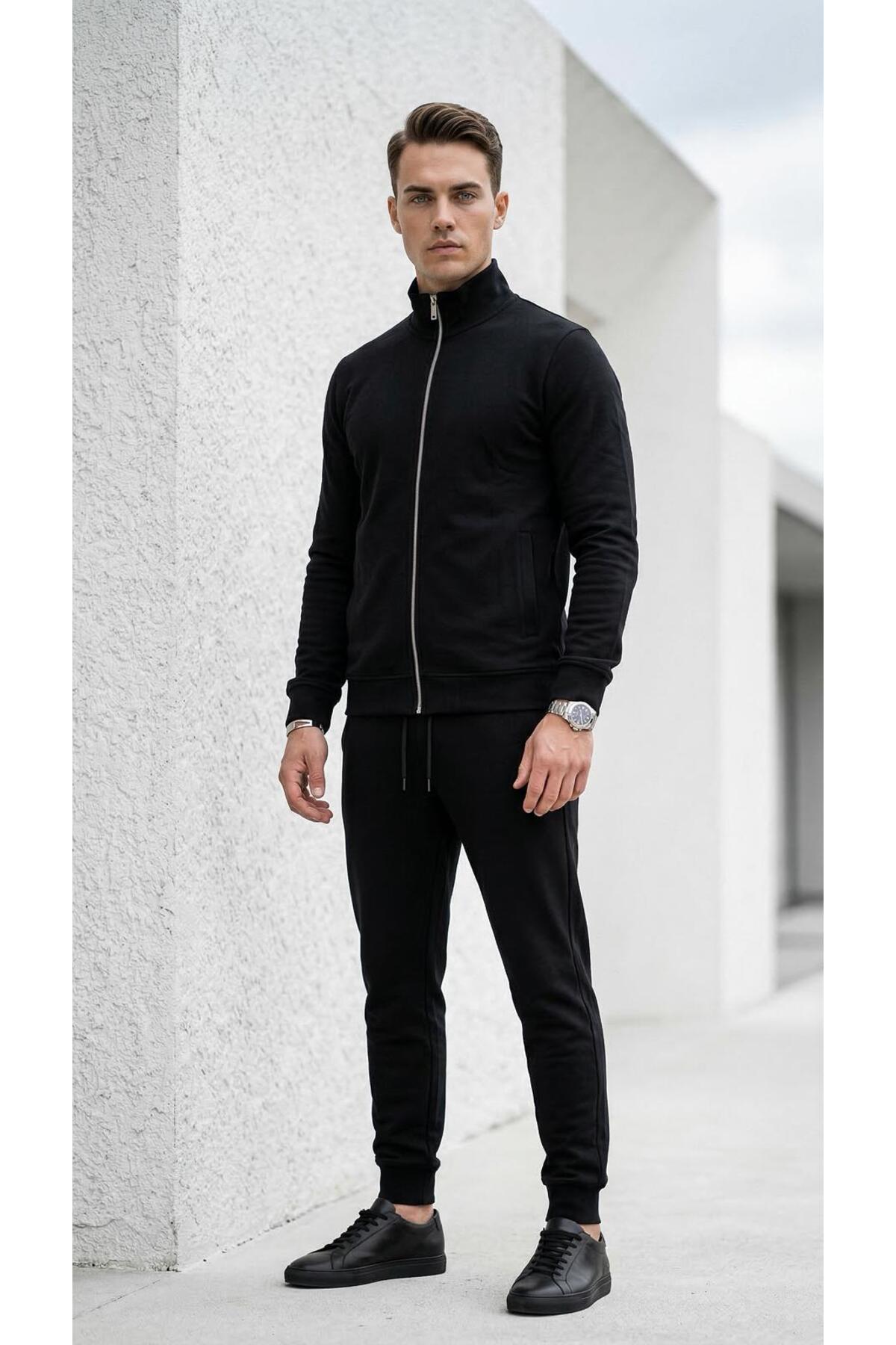Erkek Eşofman Takımı Slim Fit Dokulu Kumaş Fermuarlı Üst Lastikli Paça Modern Spor Takım — مشکی TR-198872618
