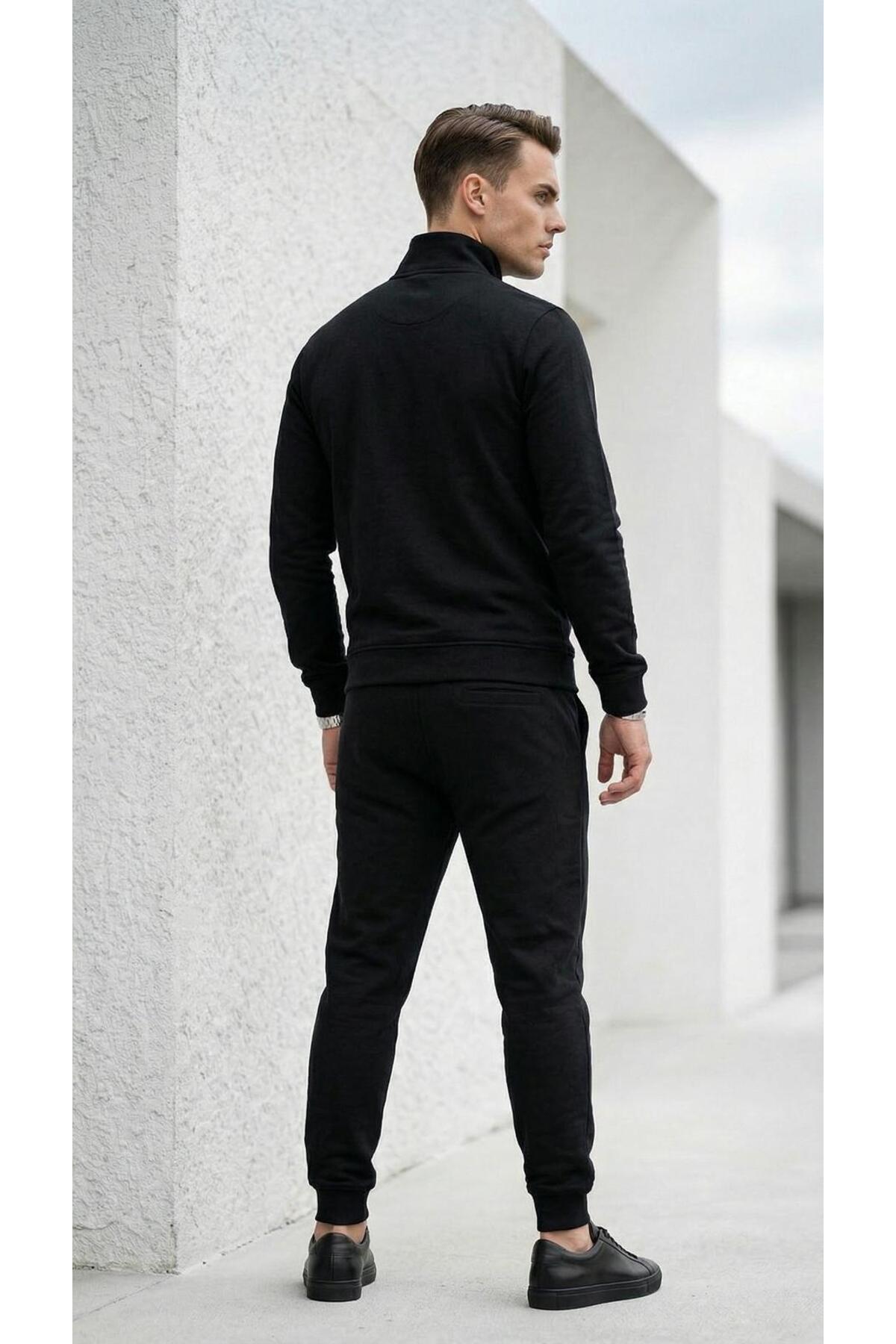Erkek Eşofman Takımı Slim Fit Dokulu Kumaş Fermuarlı Üst Lastikli Paça Modern Spor Takım — مشکی TR-198872618 — تصویر 6 از 7