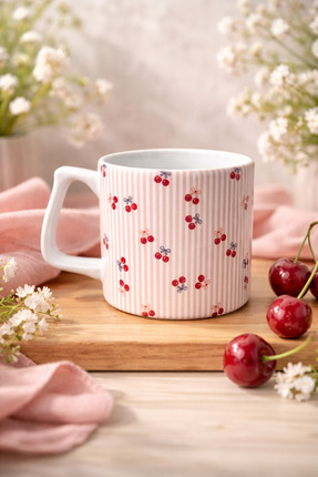 Eylül Design Cherry Stripes Baskılı Kupa Bardak Lüks Kahve Mug 250ml