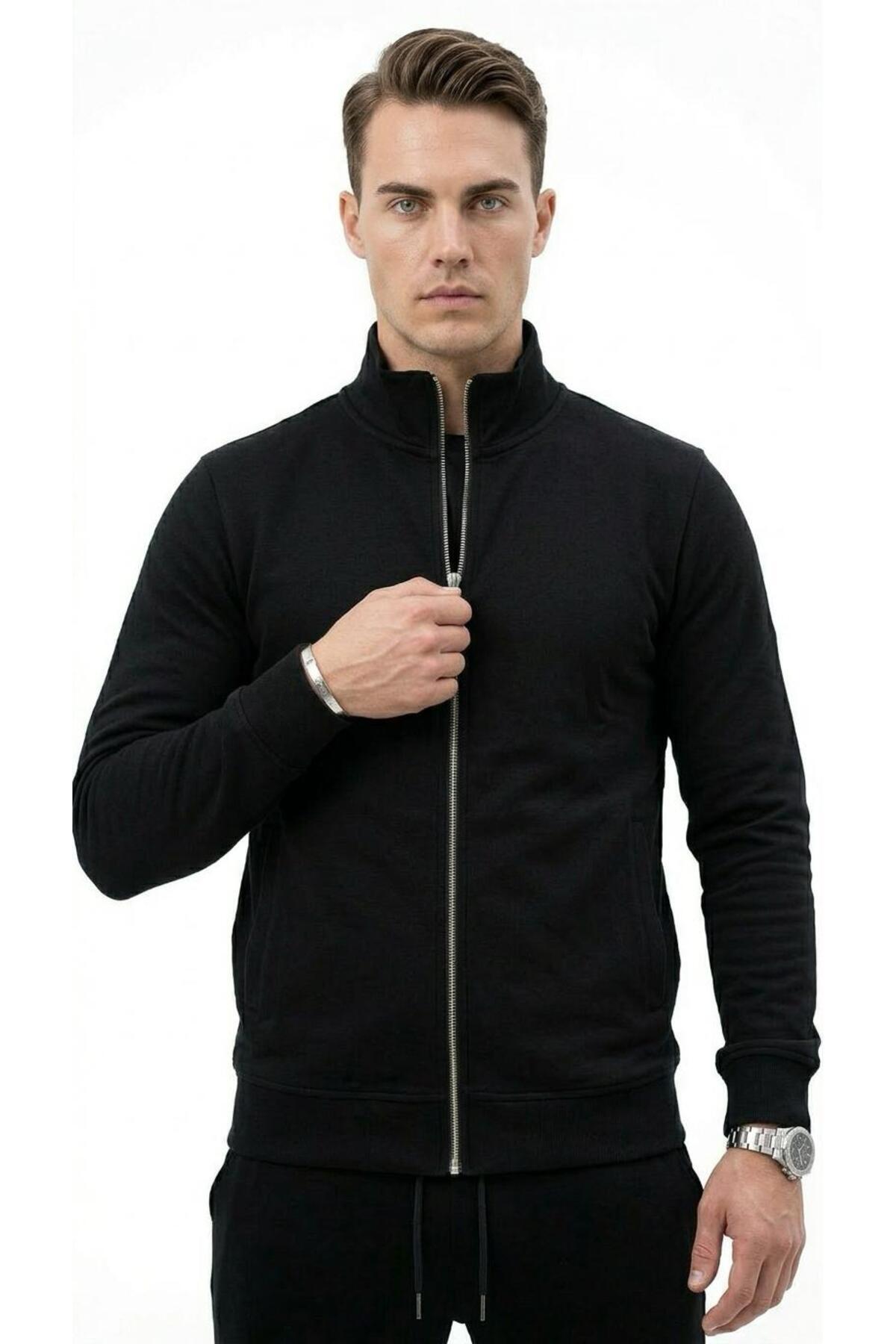 Erkek Eşofman Takımı Slim Fit Dokulu Kumaş Fermuarlı Üst Lastikli Paça Modern Spor Takım — مشکی TR-198872618 — تصویر 4 از 7