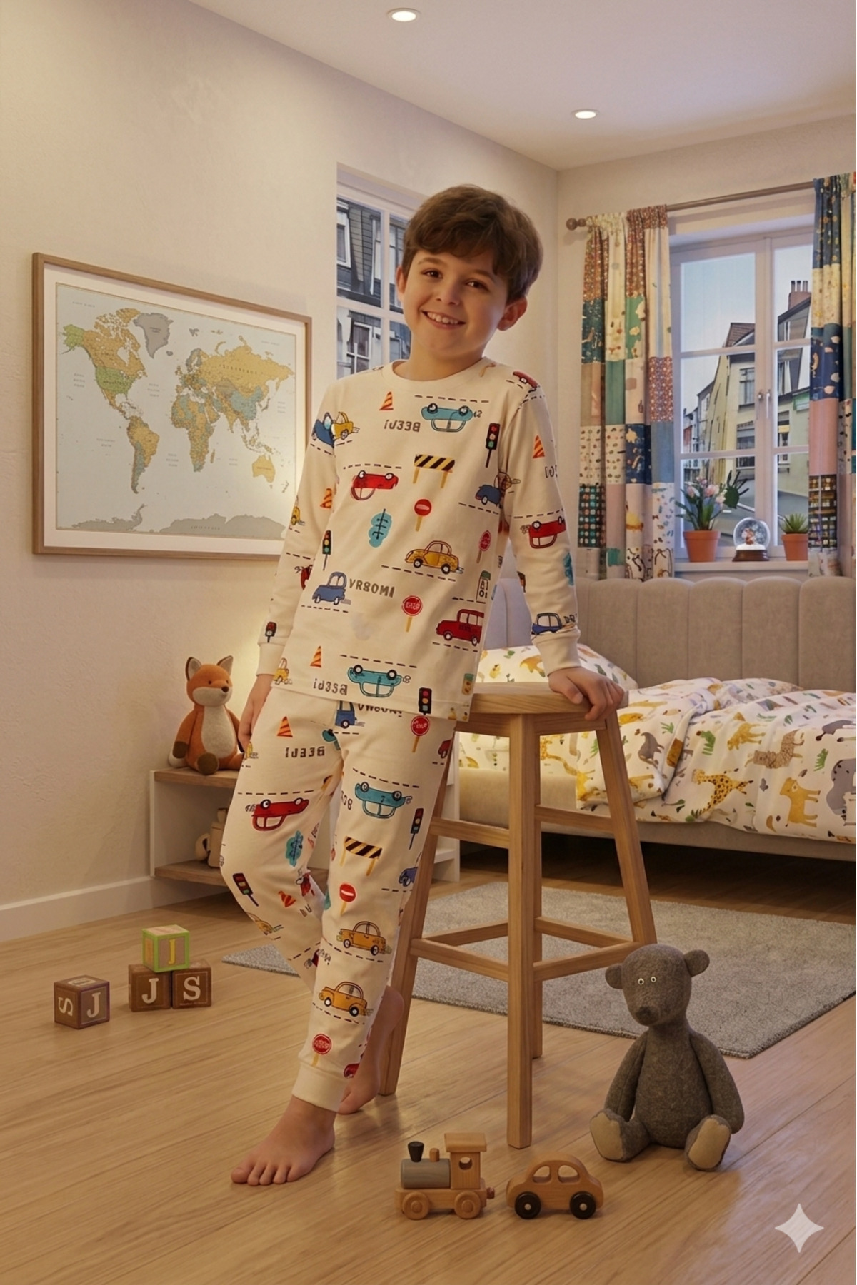 ROSAMİNA Erkek Çocuk %100 Pamuklu Trafik Desen Pijama Takımı fotoğrafı 2 (önizleme)