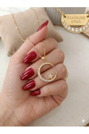 NAS fashion Gold Renk Taş Detaylı Ay Yıldızlı Çelik Kolye