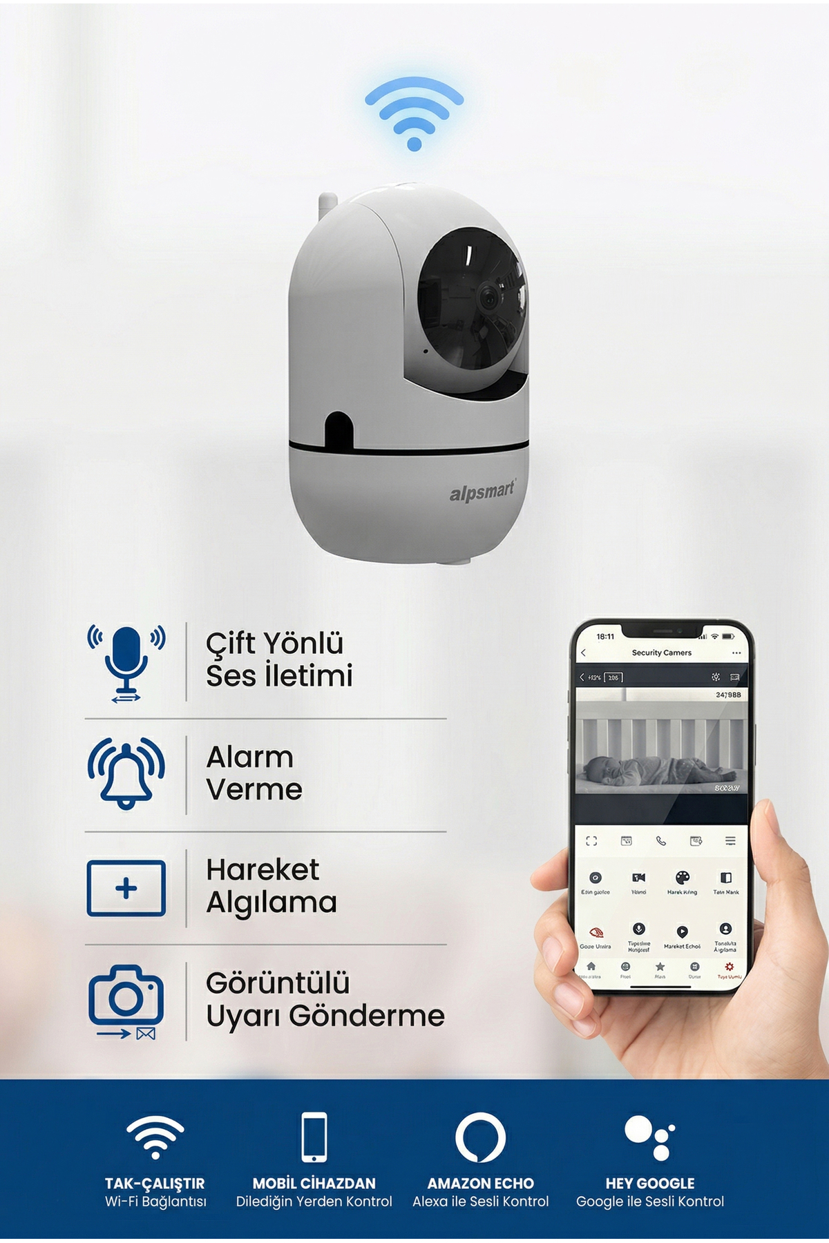 BAFRA LİHGTİNG Kablosuz 2mp Kamera, 360 Derece Hareketli Wifi Güvenlik Kamerası, Bebek Kamerası fotoğrafı 4 (önizleme)