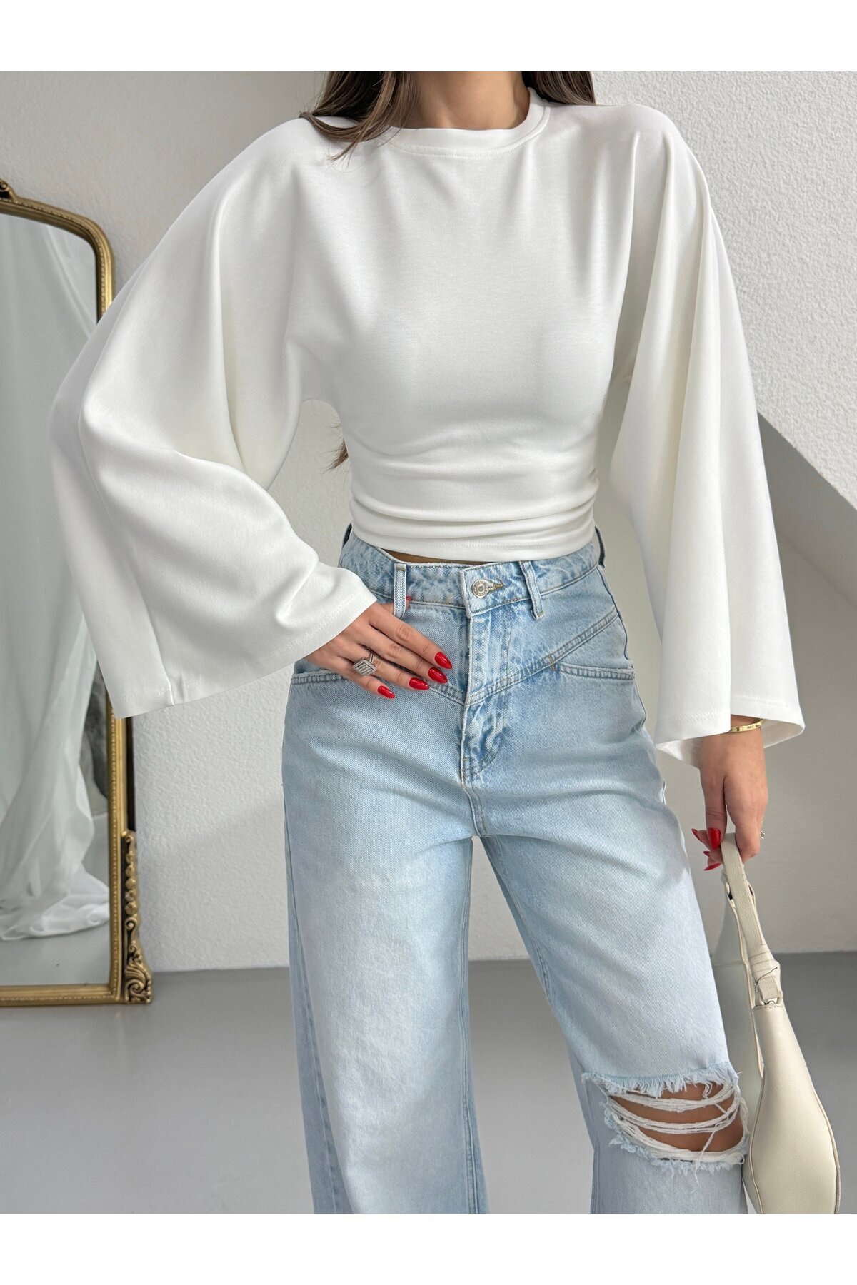 myd  Yarasa Kol Beli Büzgülü Bluz - Ekru - Görsel 6