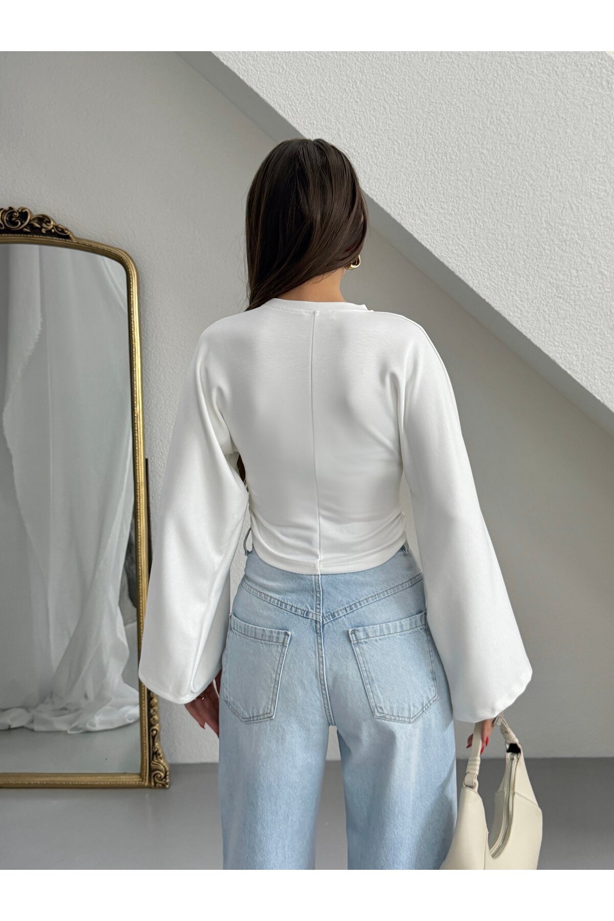 myd  Yarasa Kol Beli Büzgülü Bluz - Ekru - Görsel 2