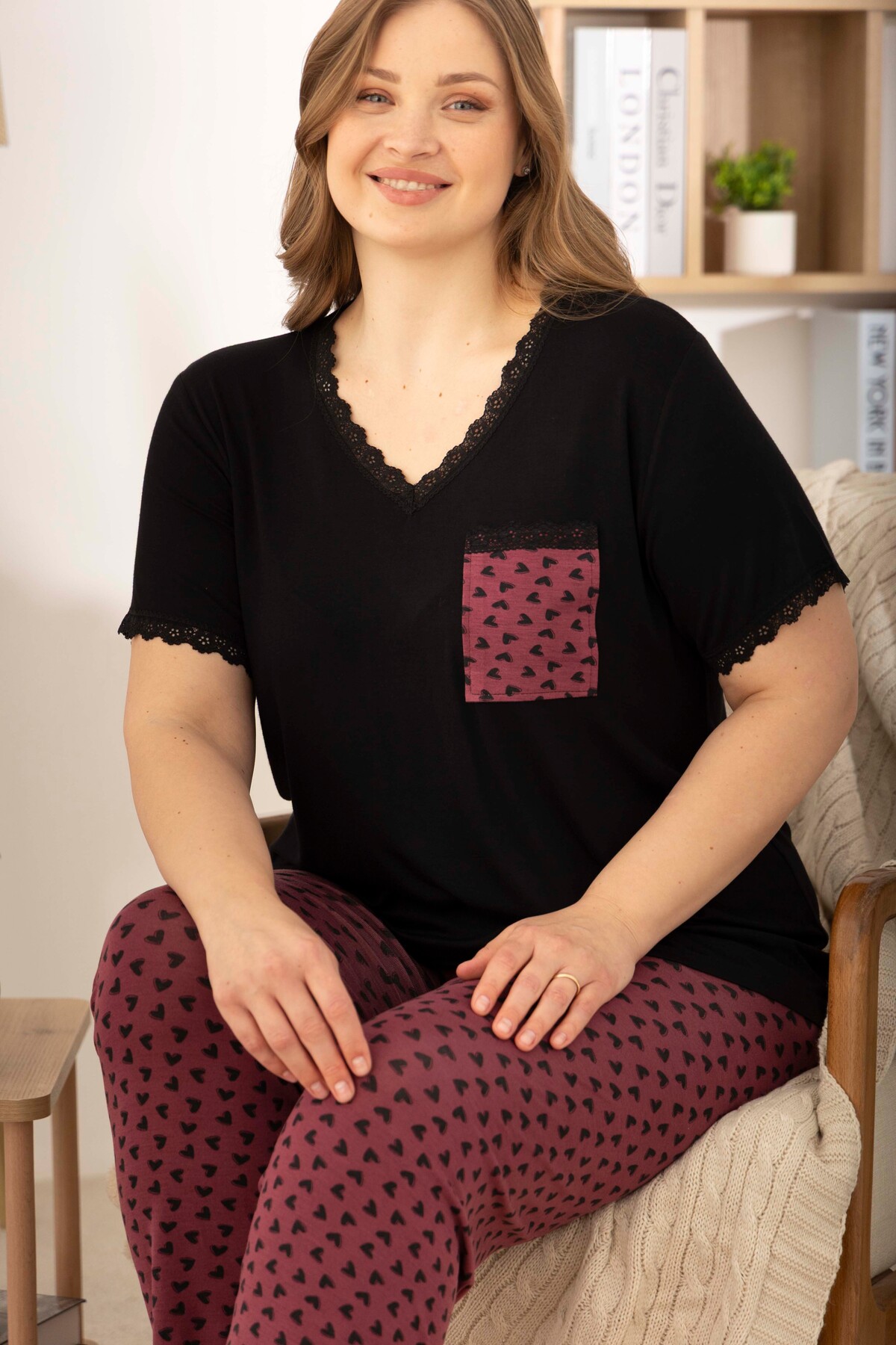 Black Ring Viscose Lace Detailed Short Sleeve Plus Size Pajamas Set