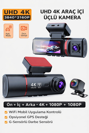 Qifit GPS’li 4K Araç Kamerası WiFi Destekli Üçlü Kayıt Gece Görüşlü Dashcam S...