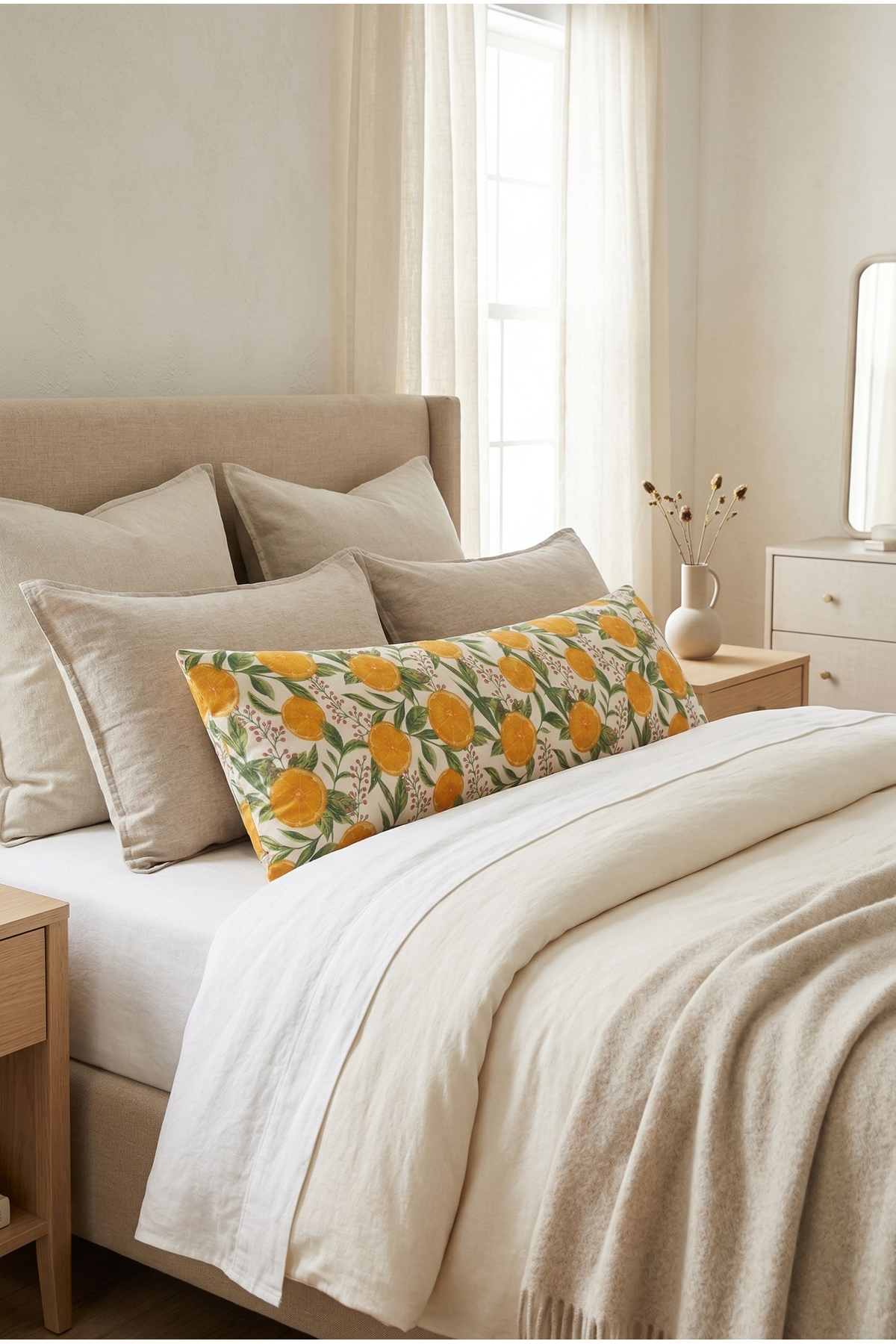 NESCO Portakal Desenli Dolgulu Uzun Yastık 50x120 cm %100 Pamuk Yan Yatış Hamile Yastığı Dekoratif Kırlent fotoğrafı 6 (önizleme)