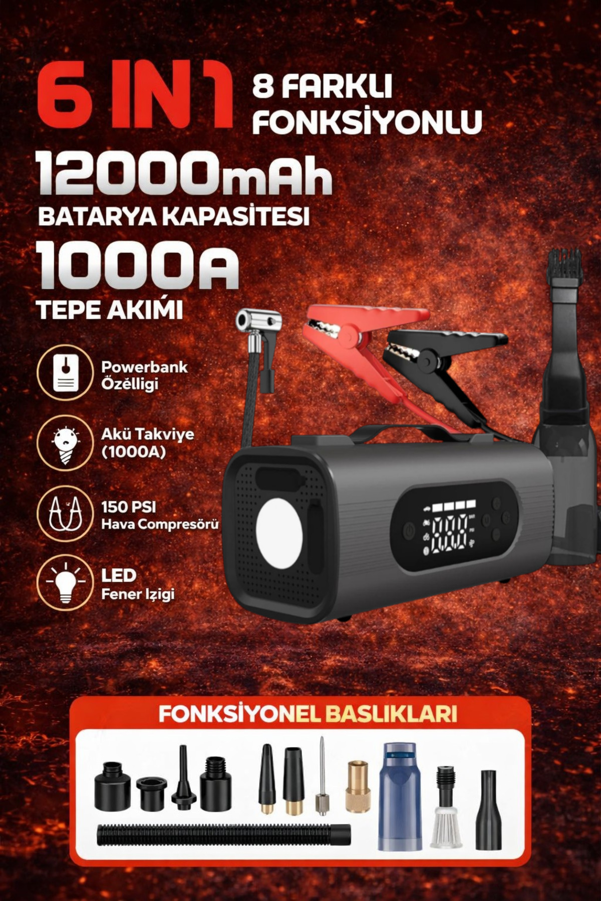 Kılıforyum 6in1 Akü Takviye Hava Kompresörü Süpürgeli 12000mAh