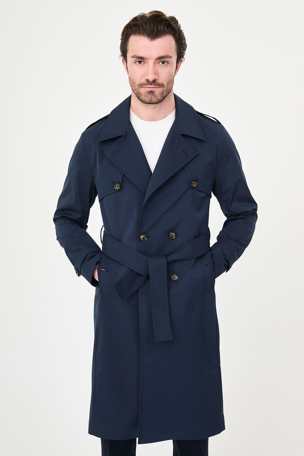 Mcr Düz Slim Fit Kuşaklı Kruvaze Uzun Erkek Trenchcoat Lacivert - 21340.26Y görsel 7