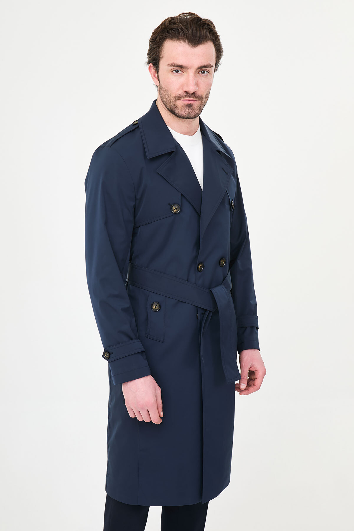 Mcr Düz Slim Fit Kuşaklı Kruvaze Uzun Erkek Trenchcoat Lacivert - 21340.26Y görsel 6