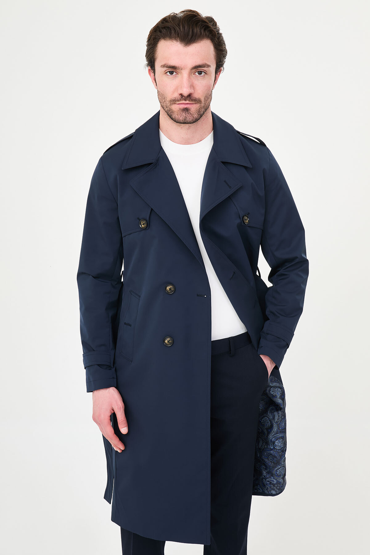 Mcr Düz Slim Fit Kuşaklı Kruvaze Uzun Erkek Trenchcoat Lacivert - 21340.26Y görsel 4