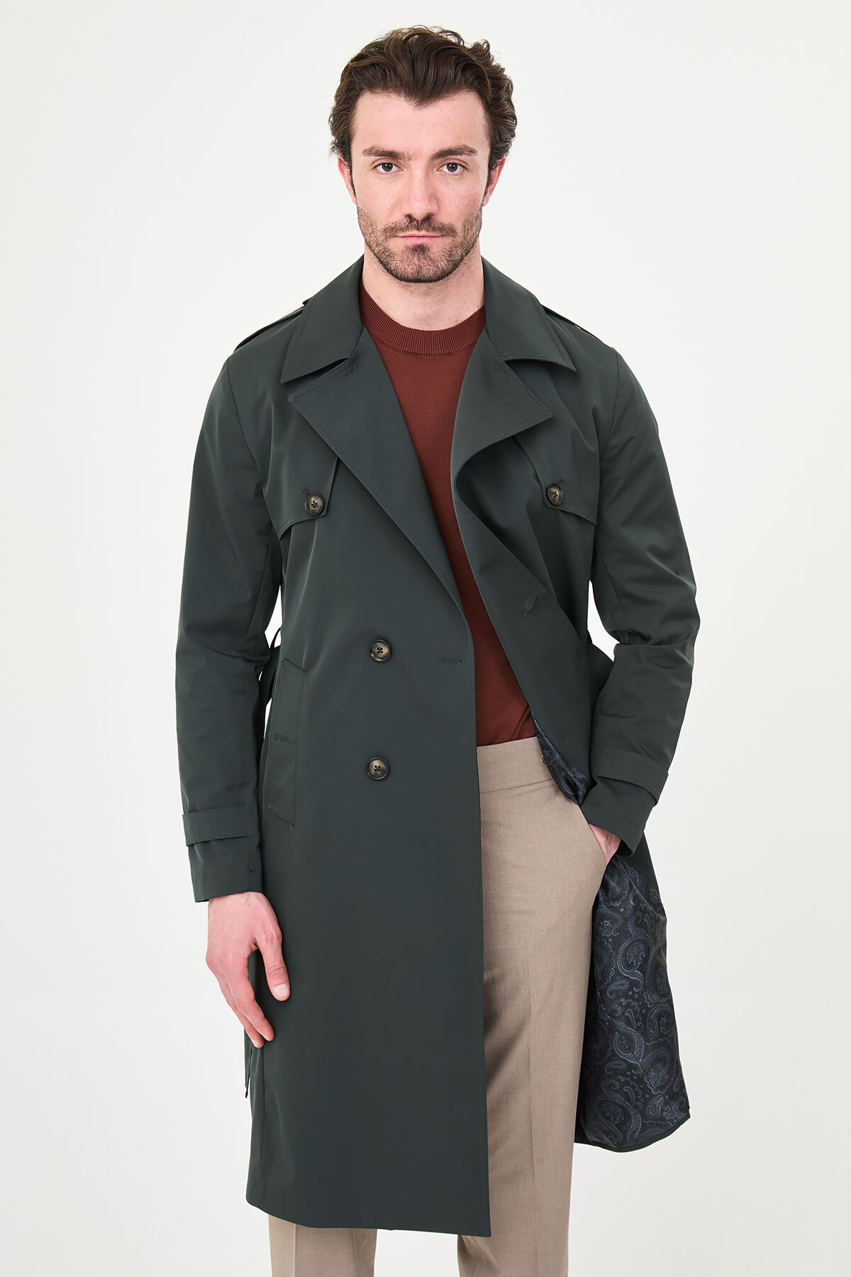 Mcr Düz Slim Fit Kuşaklı Kruvaze Uzun Erkek Trenchcoat Haki - 21340.26Y görsel 4