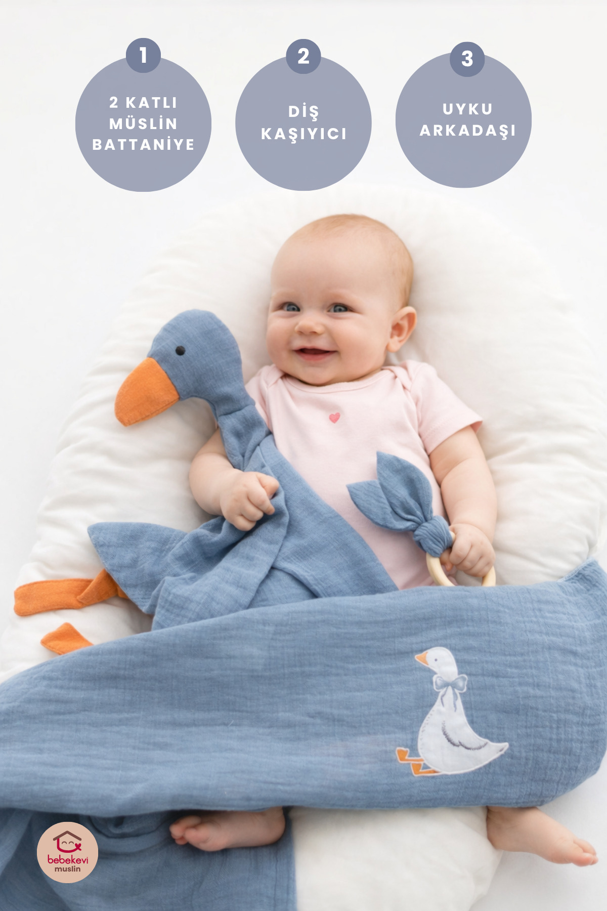 Muslin Baby Set 3-Piece (100% Cotton Blanket, Sleeping Companion & Teether)