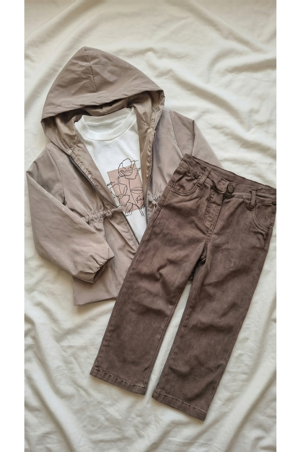 Sabi Kız Çocuk Taş İşlemeli Kapüşonlu Astarlı Yağmurluklu Üçlü Takım Set fotoğrafı 2 (önizleme)