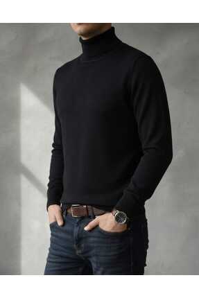 SDNYAZO Premium Erkek Siyah Pamuklu Tam Balıkçı Yaka Slim Fit Triko Kazak