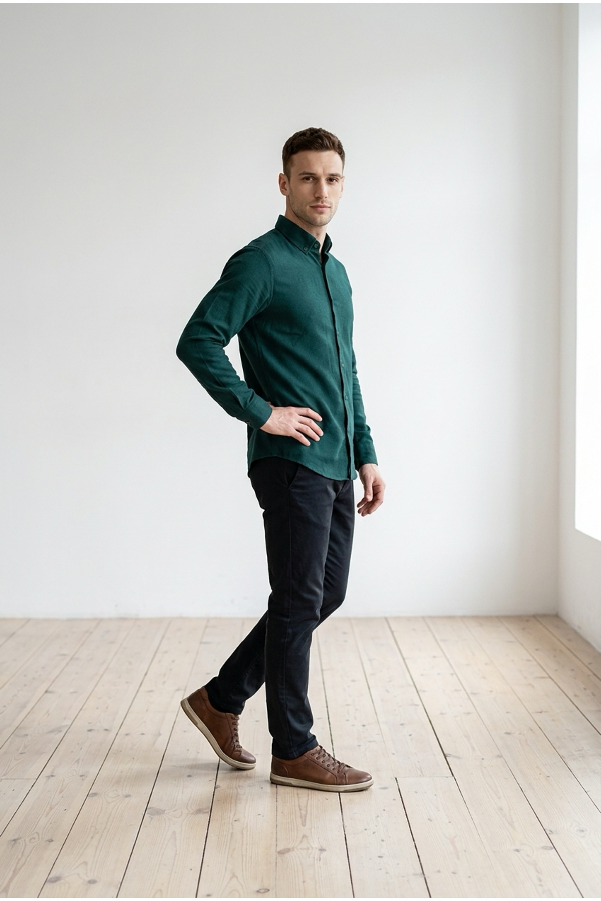 YŞRLİNE COLLECTİON  YŞR Haki Yeşil Uzun Kol Erkek Gömlek Düz Renk Rahat Kalıp Günlük Kullanım - Görsel 2