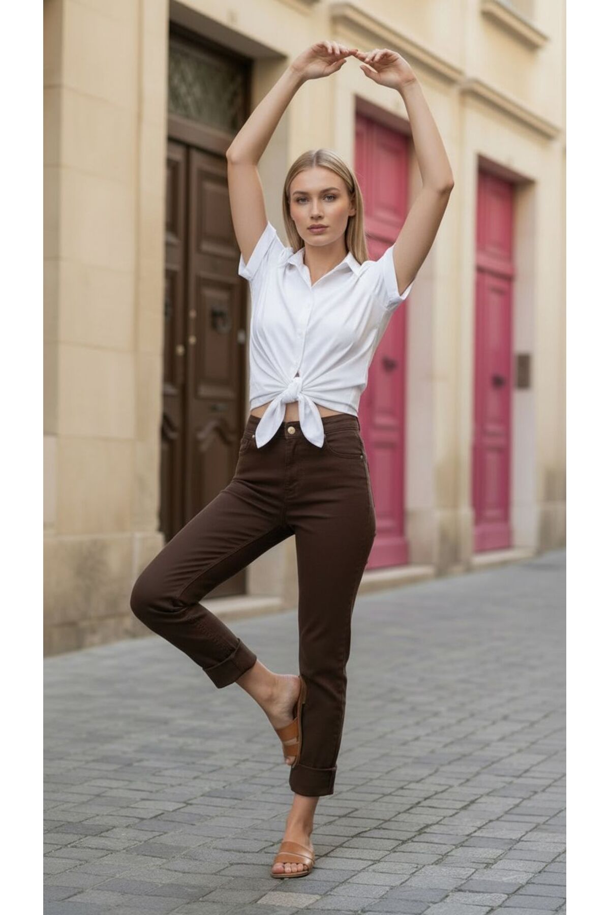 geenz manifacture Acı Kahve Akordion Yüksek Bel Likralı Mom Jeans Dar Paça Kot Pantolon görsel 3