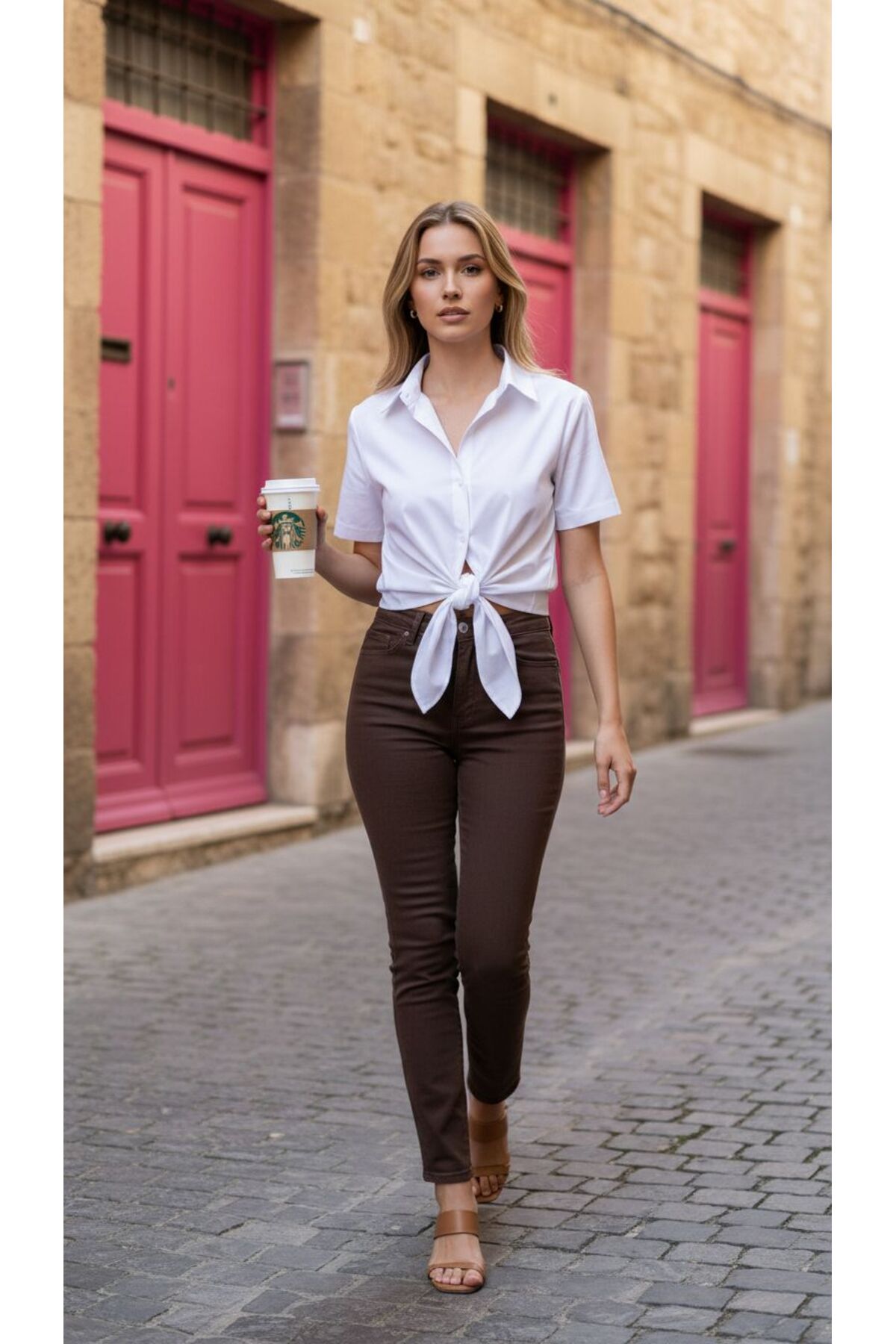geenz manifacture Acı Kahve Akordion Yüksek Bel Likralı Mom Jeans Dar Paça Kot Pantolon