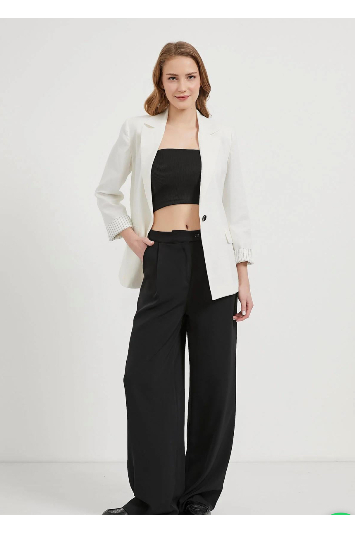 jöns since 1997  Kadın Kollar Katlamalı Tek Düğme Keten Blazer Ceket - Görsel 3