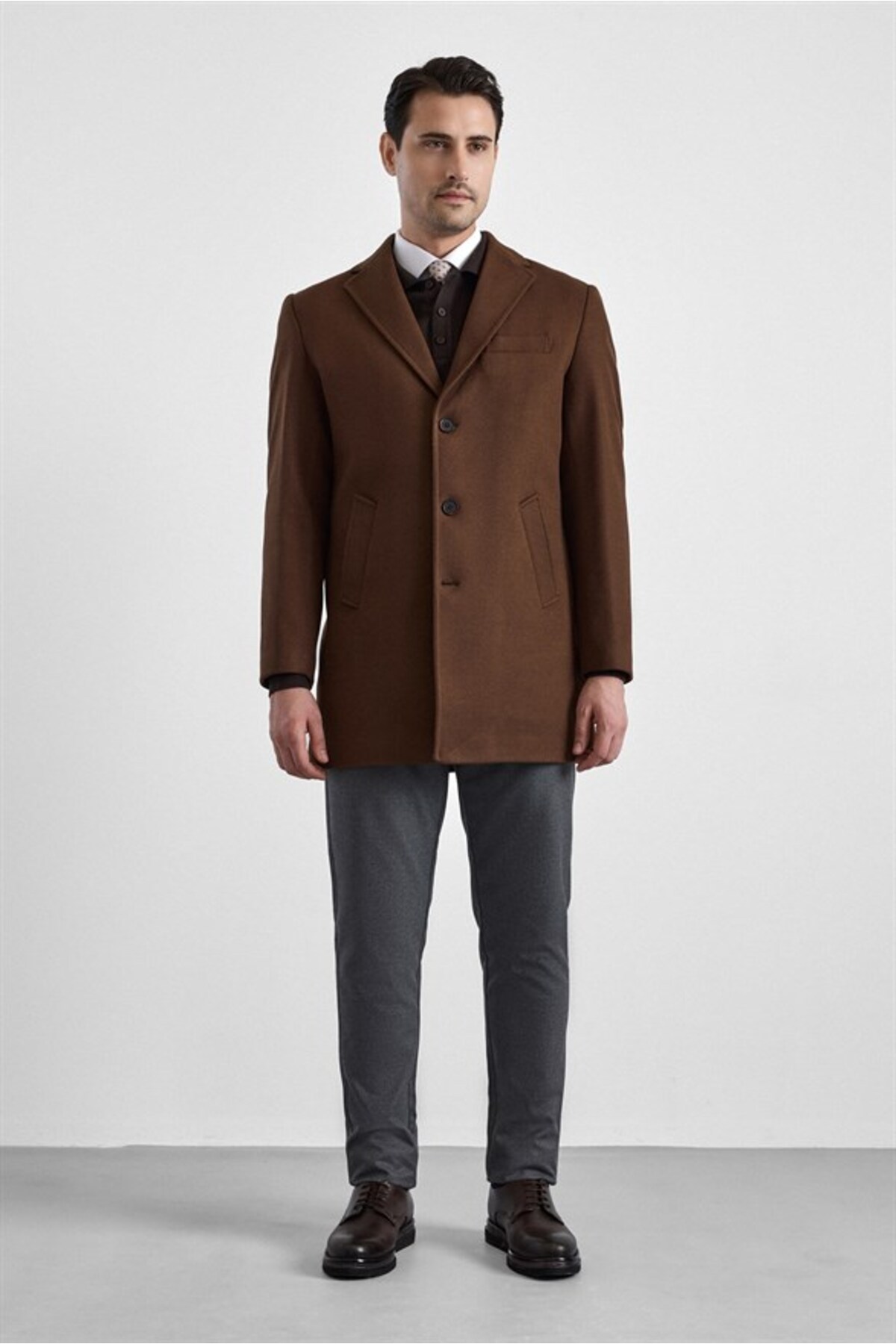 SÜVARİ  Koyu Kahve Slim Mono Yaka Düz Yan Cepli Düğmeli Dolgusuz Rüzgar Geçirmez Kaban - Görsel 8