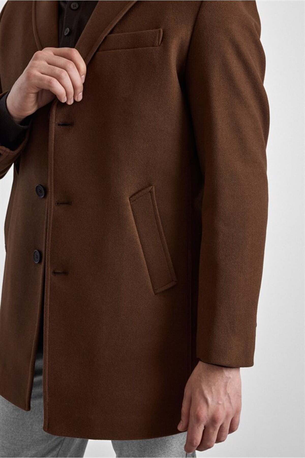 SÜVARİ  Koyu Kahve Slim Mono Yaka Düz Yan Cepli Düğmeli Dolgusuz Rüzgar Geçirmez Kaban - Görsel 6