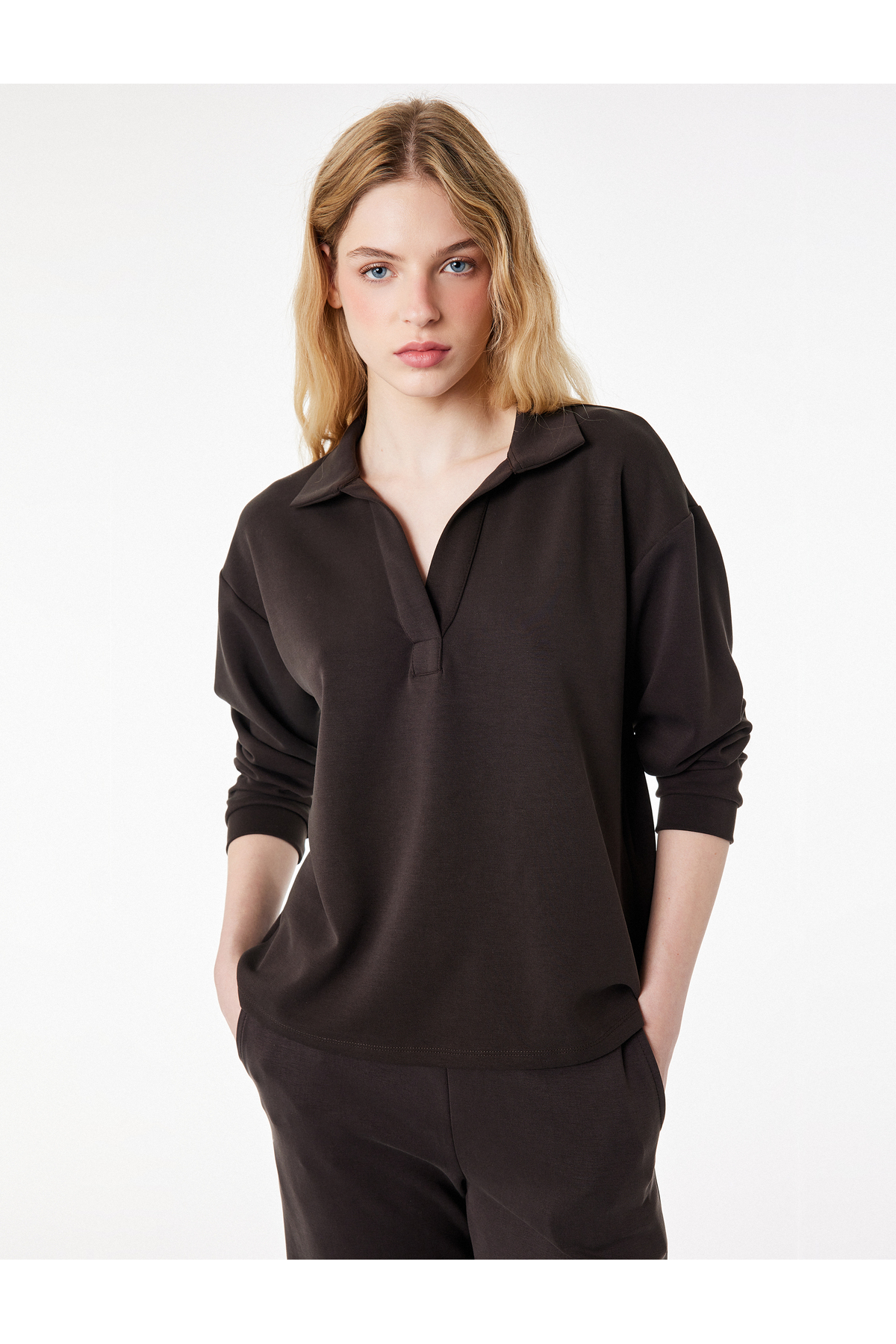 Koton Modal Kumaş Uzun Kollu Rahat Kalıp Polo Yaka Sweatshirt