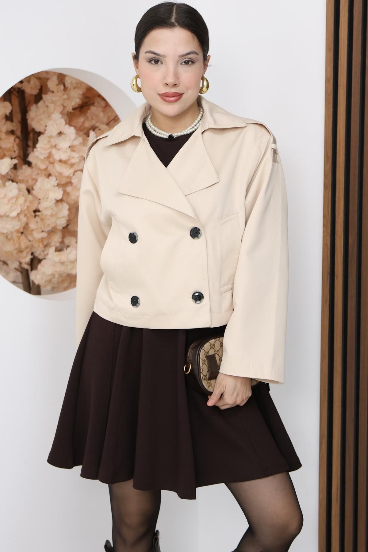 Women's Ecru Double Breasted Collar Button Detailed Short Trench Coat Jacket