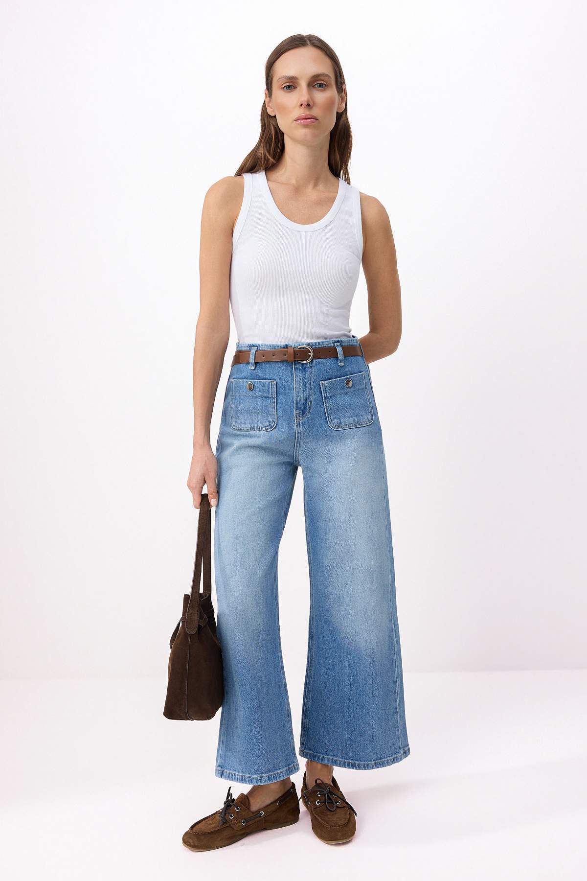 Trendyolmilla  Mavi More Sustainable Kemerli Normal Bel Az Esnek Culotte Bilek Boy Jeans TWOSS26JE00195