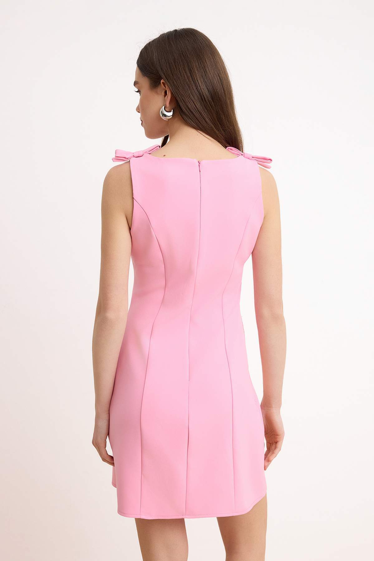 Trendyolmilla  Açık Pembe Düz A Kesim Fiyonklu Kısa / Mini Dokuma Elbise TWOSS25EL00267 - Görsel 4