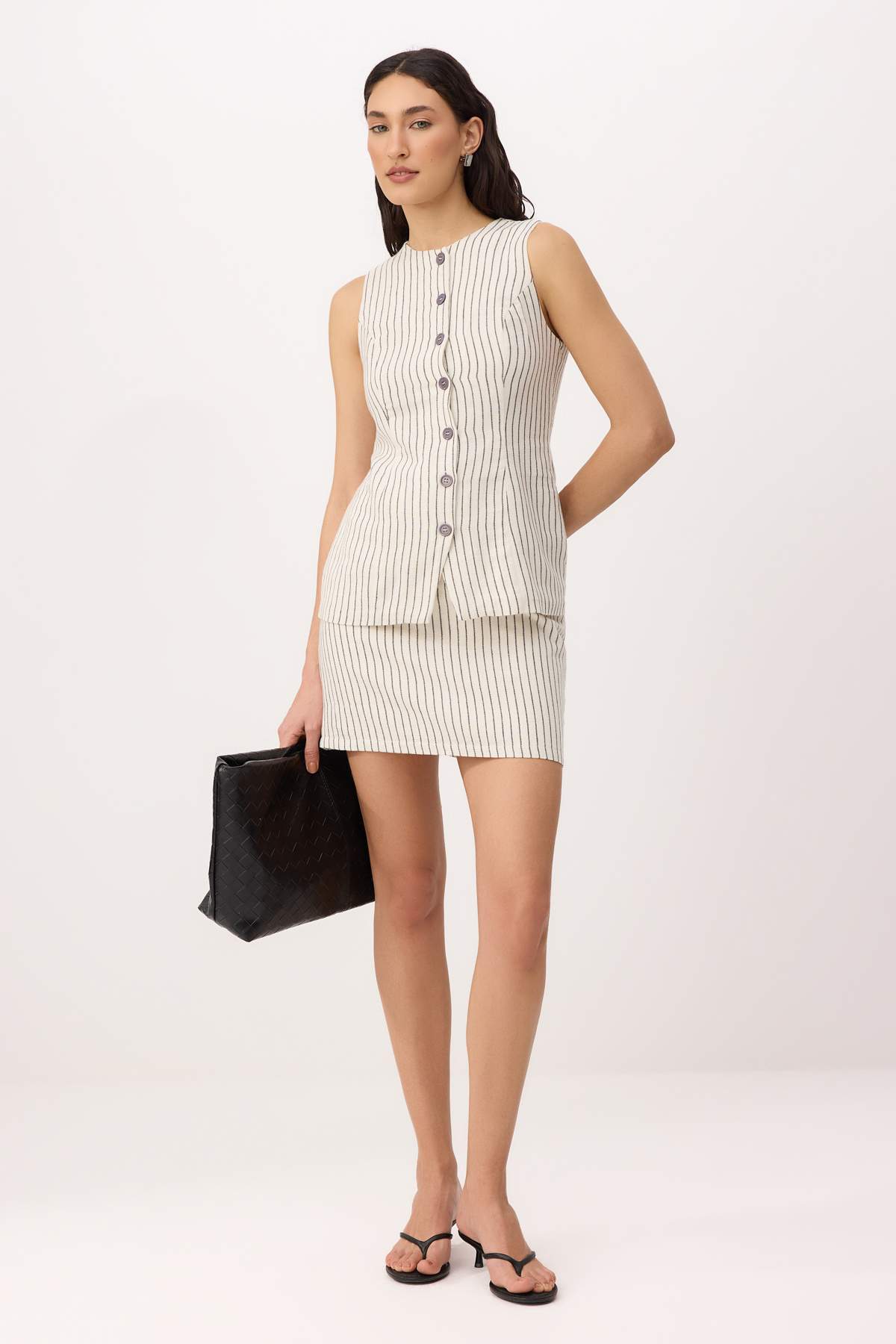 Trendyolmilla  Çok Renkli Çizgili Keten Görünümlü Yelek Etek Dokuma Alt - Üst Takım TWOSS26AU00098 - Görsel 2