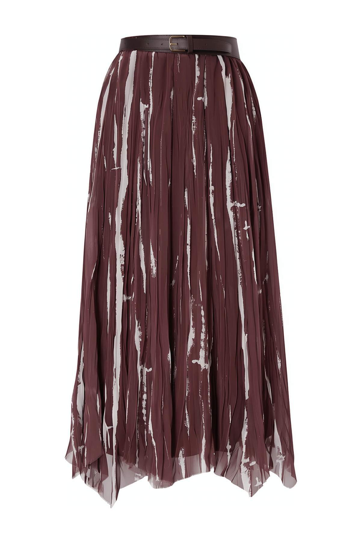 Trendyolmilla  Kahverengi Kemerli Astarlı Desenli Şifon Etek TCTSS26EE00030 - Görsel 7