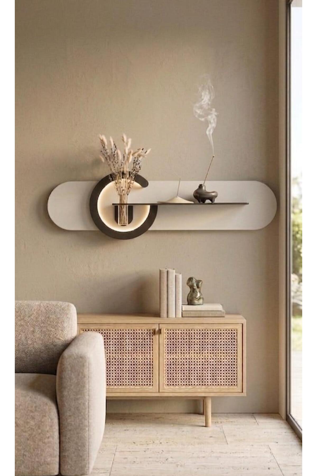 ANTORYUM Decorative Wall Shelf LED Lighted Wooden Scandinavian Style Large Modern Living Room Wall Shelf Flowerbed 38x135cm
