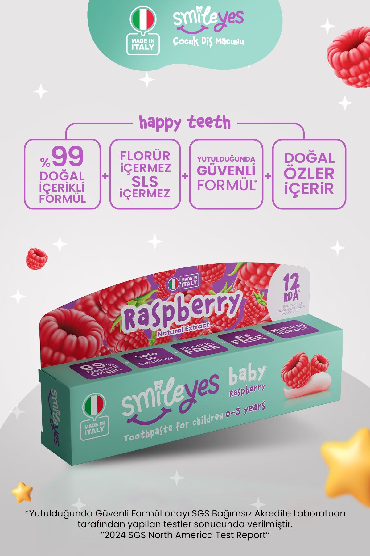 Smile yes Smileyes Baby Florürsüz Yutulduğunda Güvenli Bebek Diş Macunu 0-3 Yaş Ahududu Tadında 30 ml