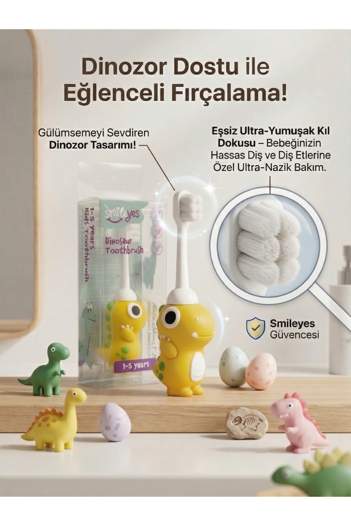 Smile yes 1-5 Yaş Ultra Soft Çocuk Diş Fırçası Dinozor Serisi Sarı