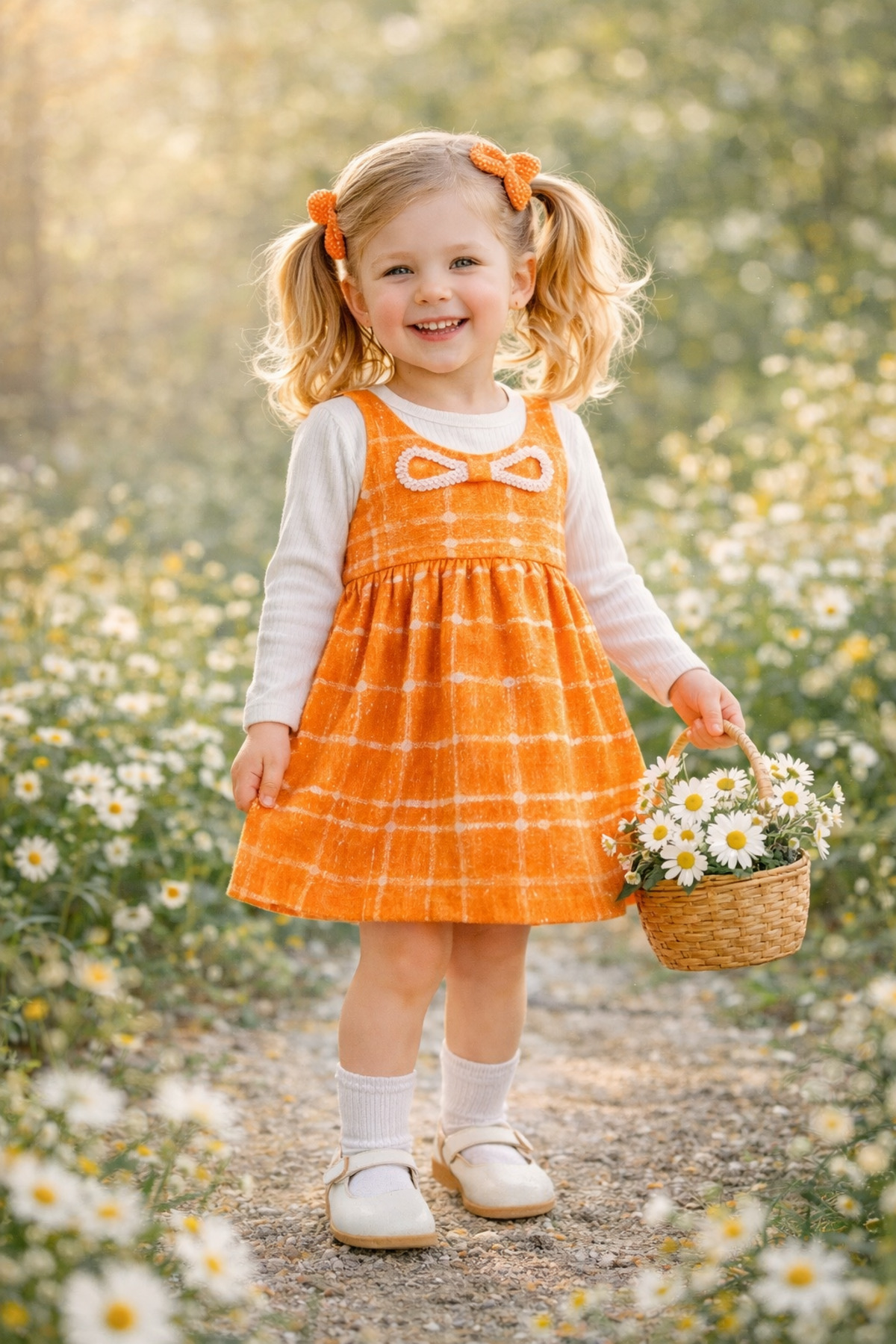 Kuzucuk Kids Bebek Çocuk Butik Kız Çocuk Tüvit Jile Elbise Bluzlu Takım Turuncu Şık fotoğrafı 2 (önizleme)