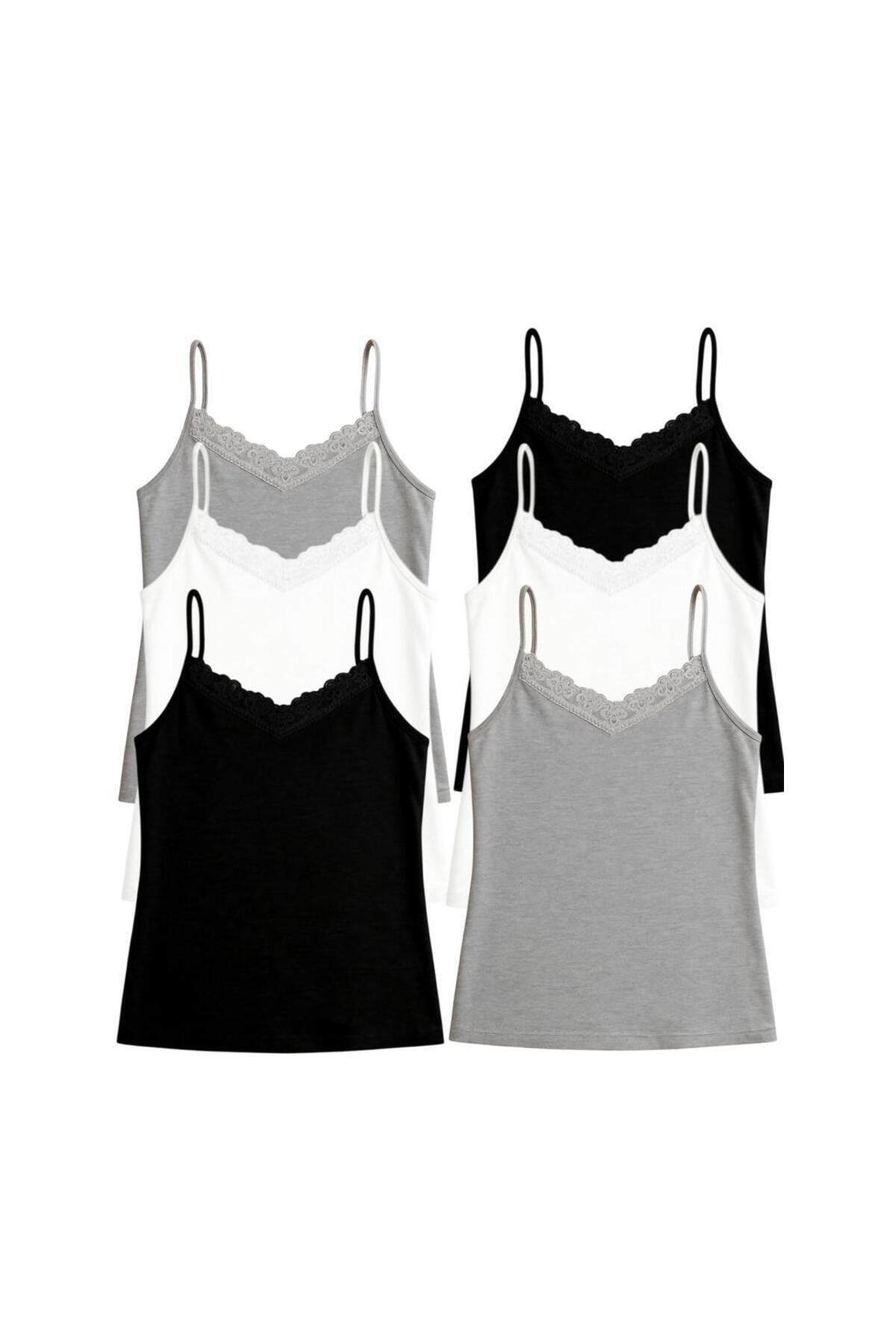 ExLove  6'lı Dantelli Penye İp Askılı Atlet - Görsel 3