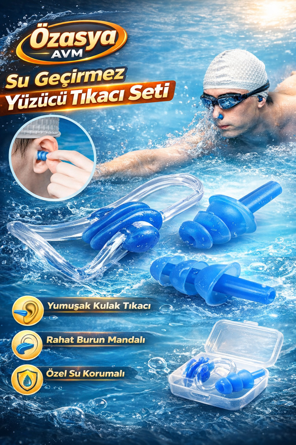 DEMİRALP37 Havuz Deniz Kulak Ve Burun Tıkayıcı Seti Su Kaçma Önleyici Yıkanabilen Tekrar Kullanabilen Tıkayıcı