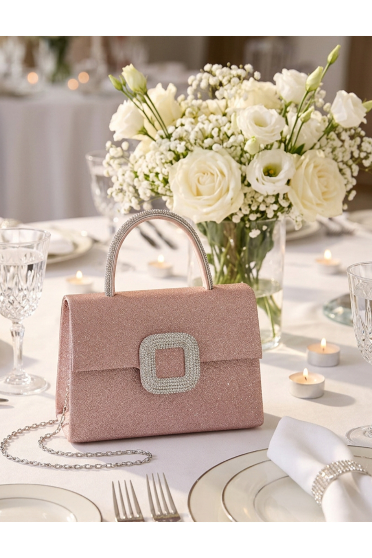 H&D COLLECTİON Kadın Pembe Simli Kulp Detaylı Zincir Askılı Abiye Çanta