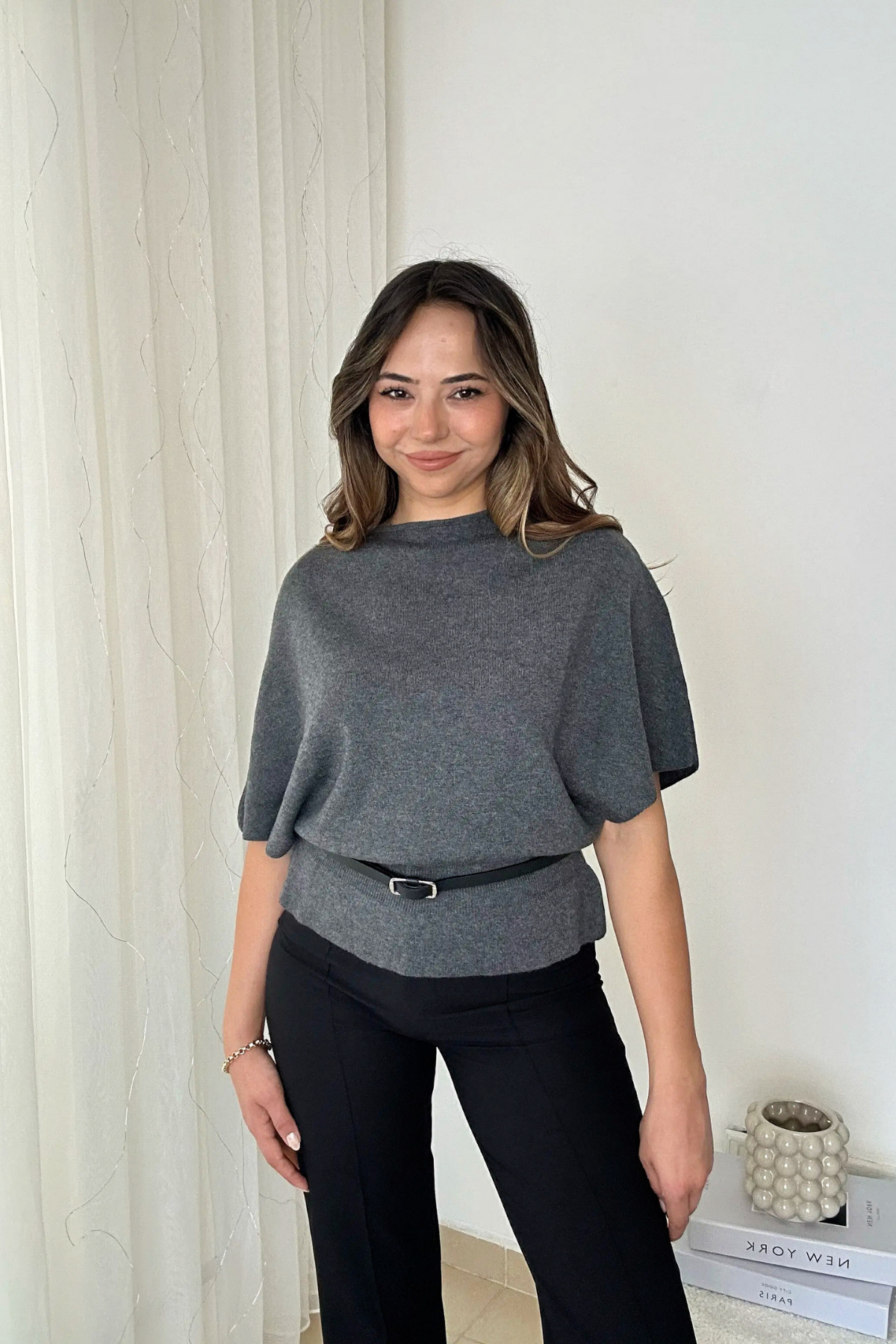 İnouveaue  Yeni Sezon Füme Kayık Yaka Yarasa Kol ve Beli Kemerli Kadın Triko Kazak - Görsel 3