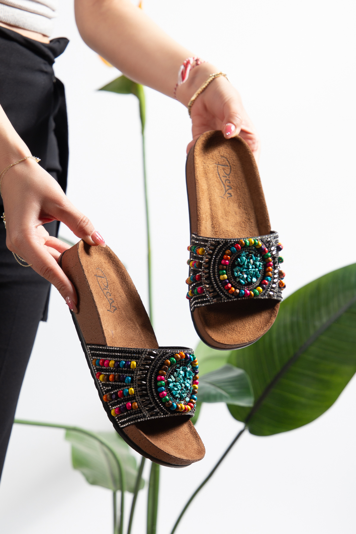 PLN SHOES Pien Pedli Anatomik Rahat Taşlı Boncuklu Kadın Terlik