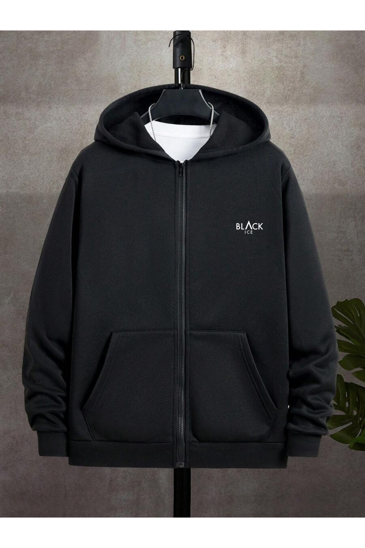 Deep sense  Erkek Siyah Kapüşonlu Fermuarlı Oversize Sweatshirt Kışlık Okul Hırkası Şardonlu Baskılı - Görsel 2